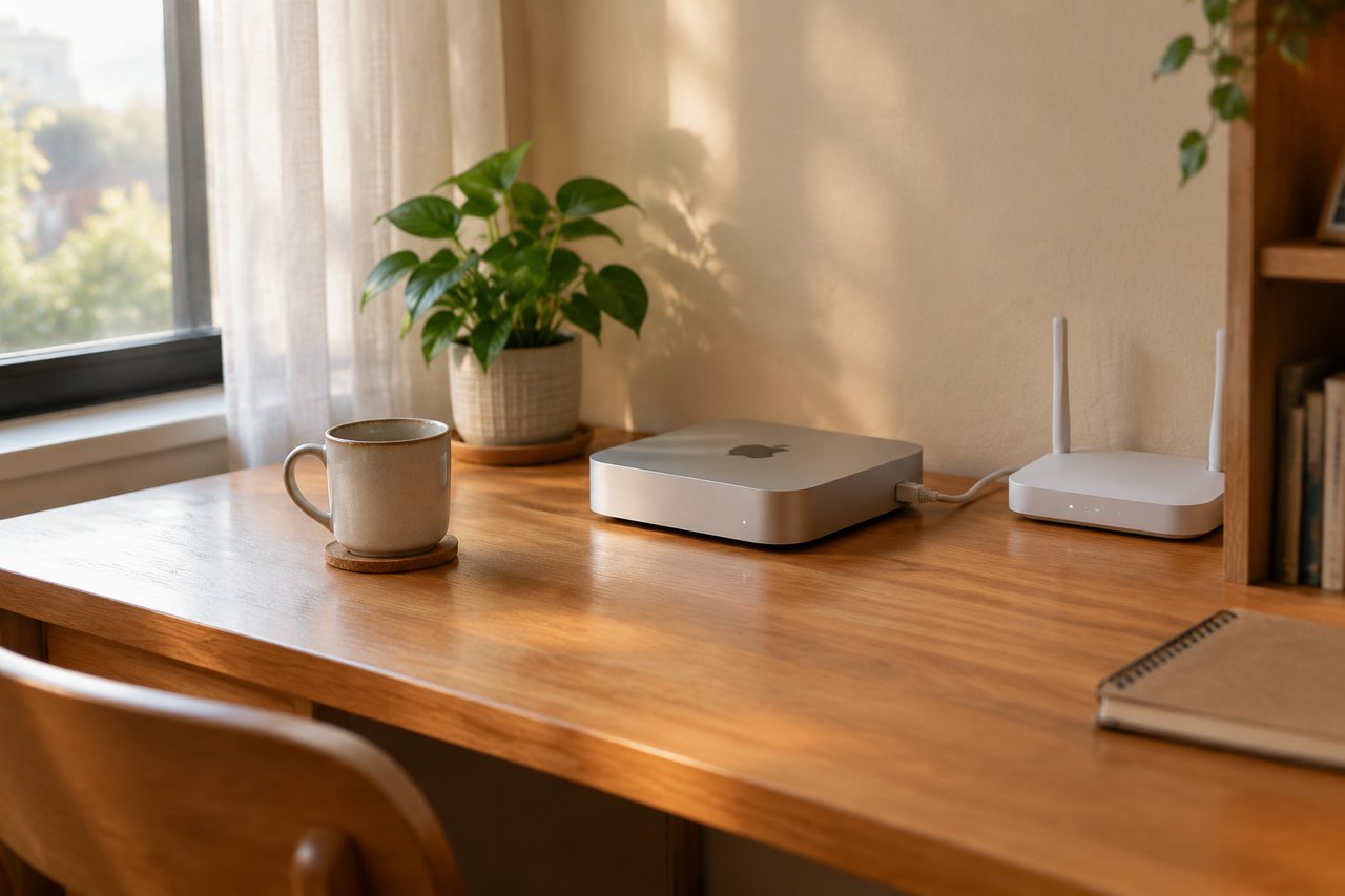 一张家里的书桌，桌上只放着一台 Mac mini 和路由器