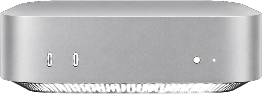 一台银色的 Mac mini，正面两个 USB-C 接口